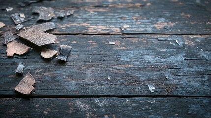 Poster - Artistic closeup of chocolate shavings on a weathered wooden surface for culinary inspiration : Generative AI