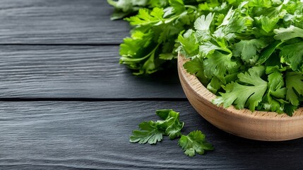 Poster - Fresh and vibrant cilantro leaves beautifully arranged in a wooden bowl on a rustic black table : Generative AI