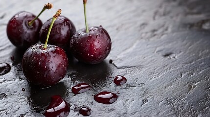 Poster - Fresh and juicy cherries with droplets resting on a dark stone surface capturing vibrant summer essence : Generative AI