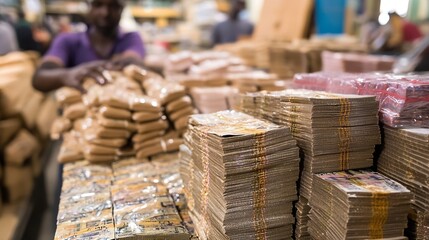 Poster - Stacks of cash banknotes arranged in a market showing large sums of money in a trading environment : Generative AI