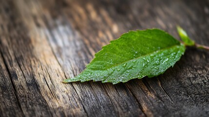 Poster - Fresh green leaf with dew drops resting on rustic wooden surface symbolizing nature and growth : Generative AI