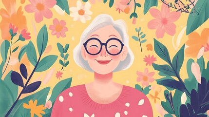 Canvas Print - Happy senior woman surrounded by blooming flowers and leaves.