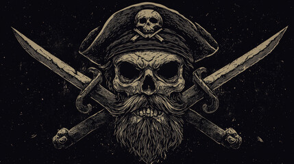 Pirate skull in hat with crossed sabers, vector mascot or tattoo. Skull of buccaneer and corsair sailor with beard in captain tricorne hat with crossed swords, sea robber and marine grim symbol