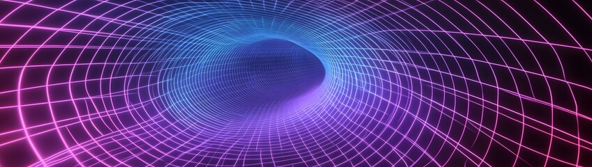 Wall Mural - abstract digital tunnel; glowing grid; dark background; tech header
