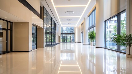 Poster - Modern spacious lobby area with large windows and polished floors showcasing contemporary architecture : Generative AI