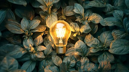 A bright light bulb symbolizes the blend of cuttingedge technology and ecofriendly practices in a vibrant green landscape, highlighting innovation and sustainability in our modern world