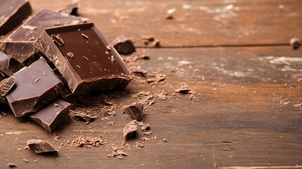 Poster - Delicious high quality chocolate pieces scattered on rustic wooden table : Generative AI