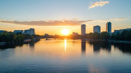 Aufkleber - Spectacular sunset over a city skyline reflected on a serene river : Generative AI