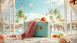 © Heng Heng - AI Stock - Cozy and Inviting Tropical Vacation Getaway with Pastel Luggage and Floral Accents   Turquoise Suitcase Pink Textile