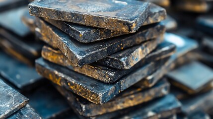 Aufkleber - Stacked Blocks of Black Slate with a Rough Surface Texture Displayed Outdoors : Generative AI