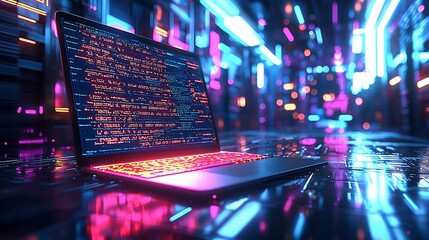 Laptop coding futuristic city night