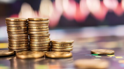 Leinwandbilder - Closeup view of shiny gold coins stacked high on a surface with blurred lights in the background : Generative AI