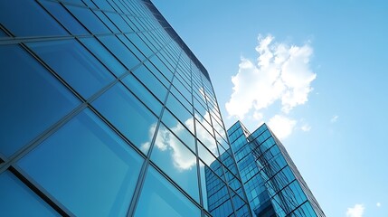 Wall Mural - Modern skyscrapers reflecting blue sky and clouds in their glass panels creating a striking urban view : Generative AI