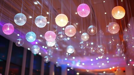 Poster - Stunning array of colorful hanging light balls creating a vibrant atmosphere indoors : Generative AI