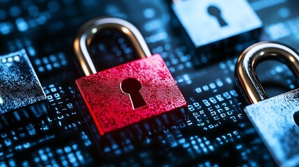 Fototapete - Closeup view of red padlock on digital data background representing cybersecurity and protection : Generative AI