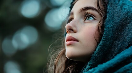 Aufkleber - Captivating portrait of a young girl wrapped in a vibrant scarf looking thoughtfully towards the sky : Generative AI