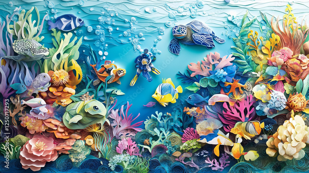 Diver at the paper cut underwater landscape poster. Underwater world ...