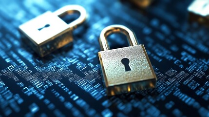 Leinwandbilder - Golden Padlocks on Digital Background Representing Cyber Security and Data Protection : Generative AI