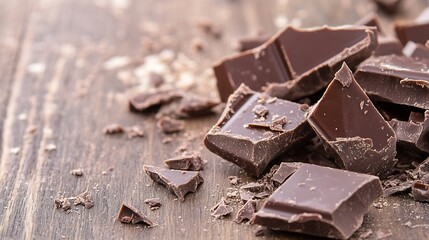 Aufkleber - Closeup of broken chocolate pieces on wooden table highlighting texture and richness : Generative AI