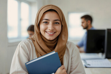 Cheerful smiling Arabian student girl in hijab in classroom looking at camera