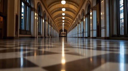 Fototapete - Grand hallway with polished floors and elegant arches illuminated by stunning overhead lighting : Generative AI
