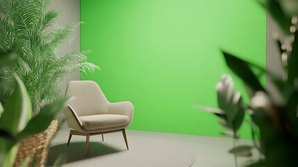 Canvas Print - Modern armchair in minimalist room with green wall and plants.