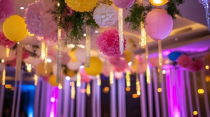 Poster - Colorful Paper Lanterns and Floral Decorations Hanging in a Festive Setting : Generative AI