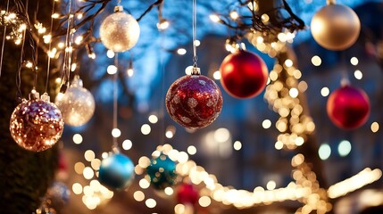 Aufkleber - Beautifully decorated Christmas ornaments hanging on a festive tree with shimmering lights : Generative AI