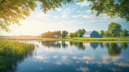 Wall Mural - tranquil rural landscape with reflection of barn and trees on calm water at sunset, sustainable agri
