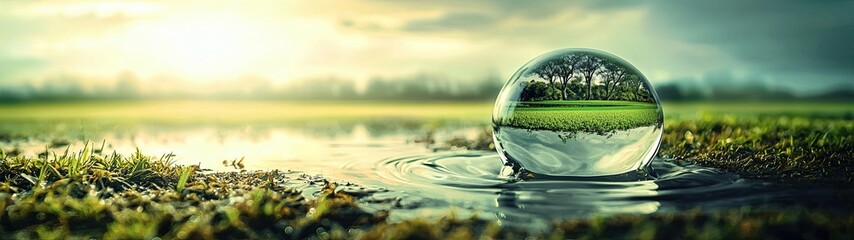 Wall Mural - stunning reflection of trees in a crystal clear water sphere on a tranquil landscape, sustainable ag