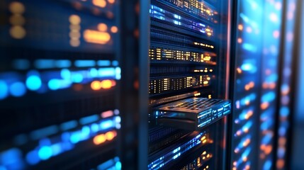 Leinwandbilder - Futuristic server room filled with blinking blue lights and data storage stacks : Generative AI