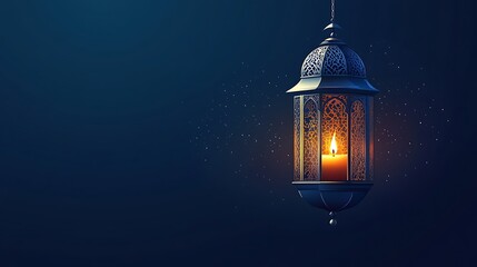 Canvas Print - Ornate hanging lantern with lit candle, dark blue background.