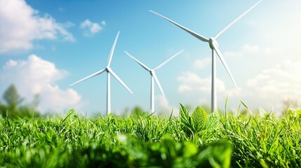 Wall Mural - Wind Turbines in Lush Green Field Under Bright Blue Sky with Fluffy Clouds, Sustainable Agriculture Climate Change Water Management