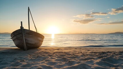 Wall Mural - Beautiful serene sunrise over the ocean with a rustic wooden boat resting on the sandy beach at dawn : Generative AI