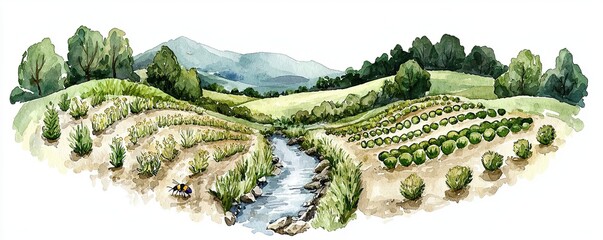Wall Mural - serene landscape with rolling hills, stream, and lush fields of vegetables and herbs, sustainable ag