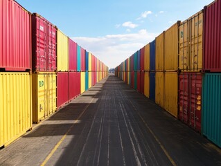 Wall Mural - Smart Global Logistics Concept. A row of brightly colored shipping containers creates a vibrant perspective leading down an industrial pathway under a clear sky.