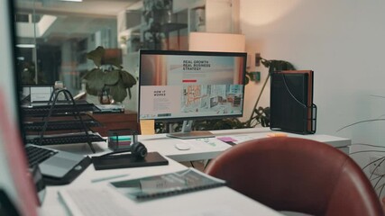 Poster - Empty, office and screen of computer in workspace for virtual assistance, customer service and business. Monitor, desk and work interior with headset, documents and technology at startup call center