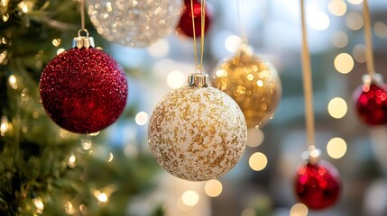 Poster - Vibrant Christmas ornaments hanging on a tree sparkling with lights creating a festive holiday mood : Generative AI