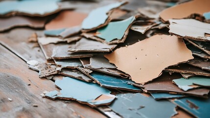 Aufkleber - Colorful layers of paint chips scattered on weathered wood creating an artistic backdrop : Generative AI