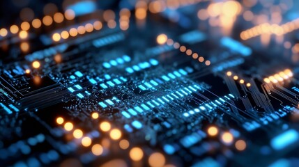 Leinwandbilder - Closeup view of a futuristic circuit board with blue lights representing modern technology and electronics : Generative AI