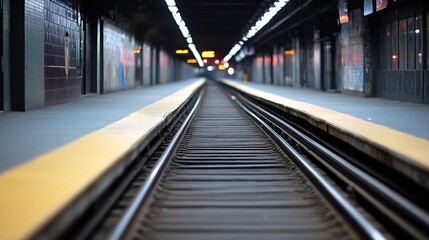 Aufkleber - Urban Subway Platform with Empty Tracks and Dim Lights Evoking a Futuristic Mood : Generative AI