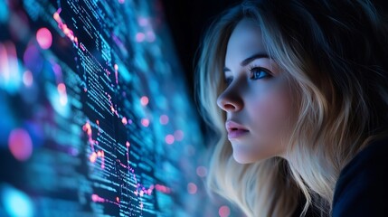 Aufkleber - Young Woman Analyzing Data on Screen in HighTech Environment with Colorful Digital Display : Generative AI