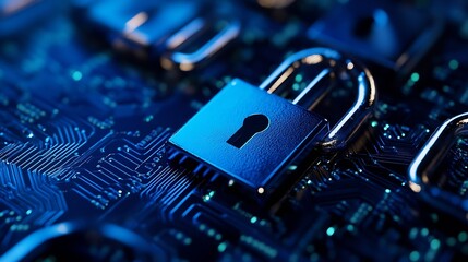 Leinwandbilder - Closeup of a secure padlock on a circuit board symbolizing cybersecurity and protection : Generative AI