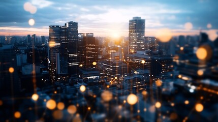 Poster - Dramatic city skyline at sunset with glowing lights reflecting on modern skyscrapers and a beautiful skyline : Generative AI