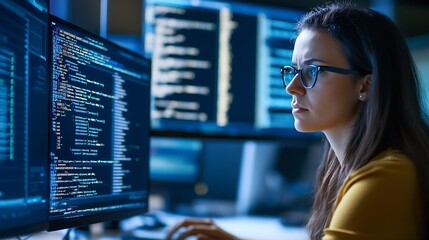 Fototapete - Focused woman coding on multiple screens in a modern tech workspace surrounded by digital data : Generative AI