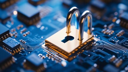 Poster - Cybersecurity Concept with Golden Padlock on Circuit Board Background : Generative AI