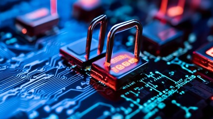 Leinwandbilder - CloseUp of Locking Mechanisms on a Circuit Board with Neon Lights : Generative AI