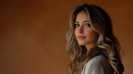 Wall Mural - Portrait of a young woman with long wavy blonde hair, looking over her shoulder.