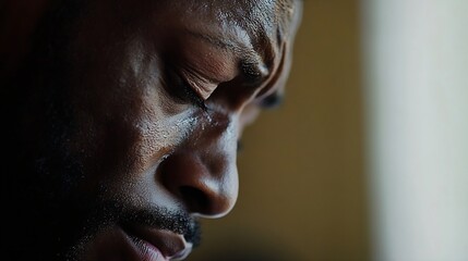 Aufkleber - Closeup portrait of a man expressing deep emotional pain and reflection captured in soft natural light : Generative AI
