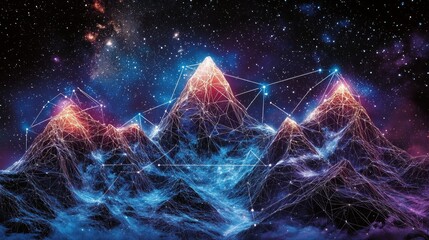 Colorful, connected mountain range against a starry night sky.